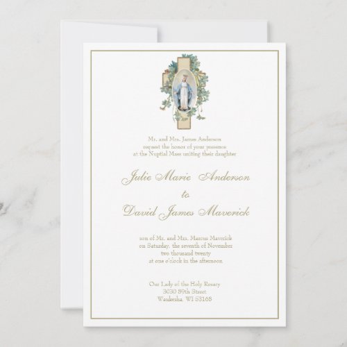 Catholic Virgin Mary Blue Flowers Wedding Invitation