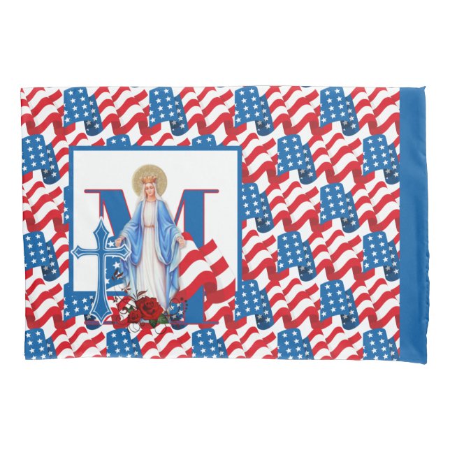 Catholic Virgin Mary Cross American Flag Religious Pillow Case (Front)