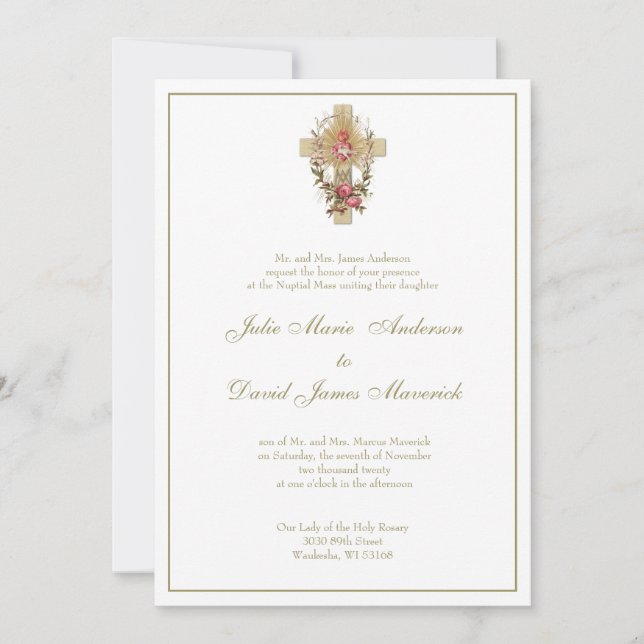 Catholic Virgin Mary Cross Floral  Wedding Invitation (Front)