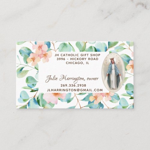 Catholic Virgin Mary Eucalyptus Religious Floral Business Card