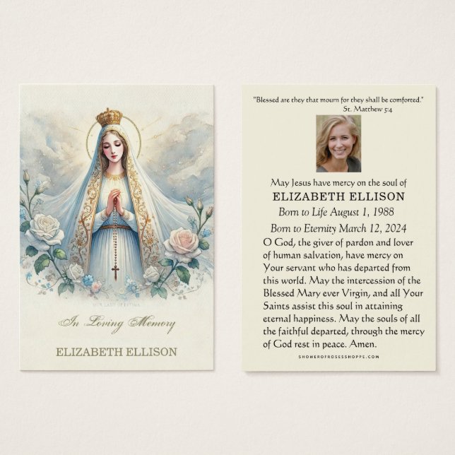 Catholic Virgin Mary Fatima Funeral Prayer Card (Front & Back)