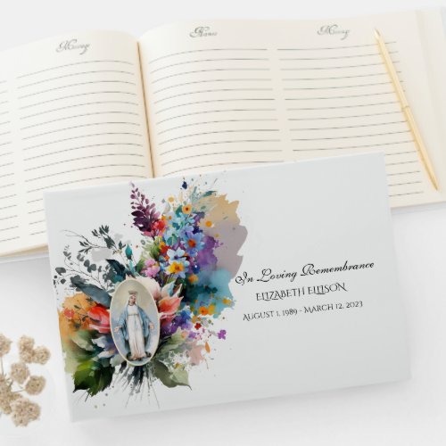 Catholic Virgin Mary Floral  Memorial Funeral Guest Book