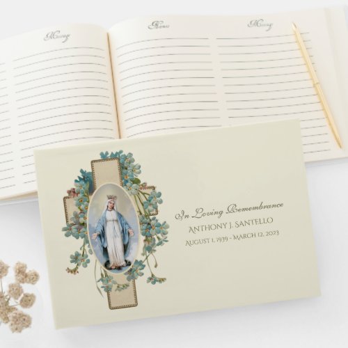 Catholic Virgin Mary Floral  Memorial Funeral Guest Book