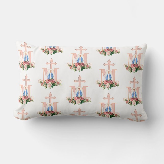 Catholic Virgin Mary Floral  Religious Cross Lumbar Pillow (Front)
