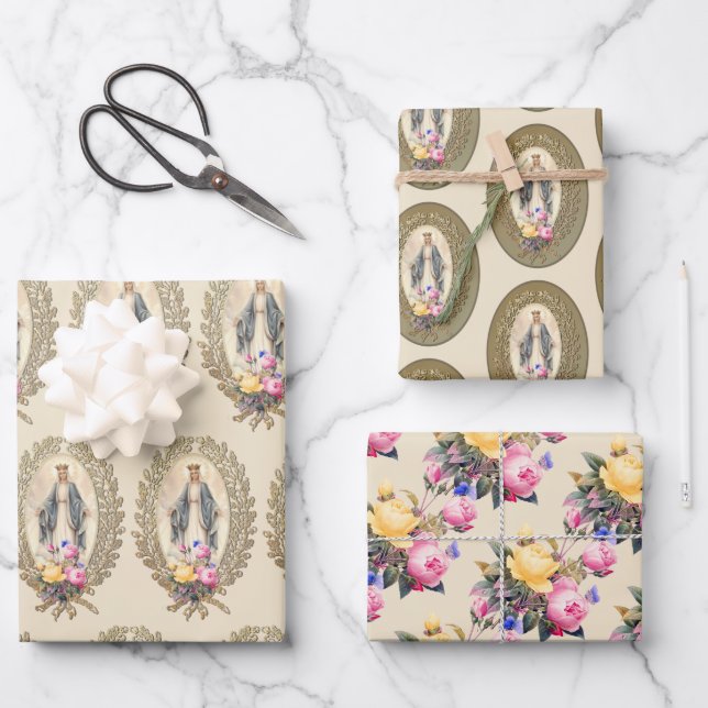 Catholic Virgin Mary Floral Religious Roses Wrapping Paper Sheets (Front)