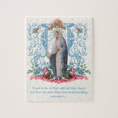 Catholic Virgin Mary Floral Scripture Quote Jigsaw Puzzle