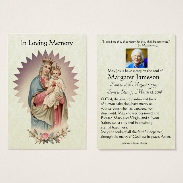 Catholic Virgin Mary Funeral Prayer Memorial Card (Front & Back)