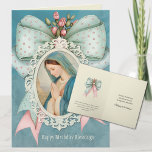 Catholic Virgin Mary Jesus Birthday Card<br><div class="desc">Featuring a  lovely religious image of the Blessed Virgin Mother Mary  praying overlaid on a large bow with flowers.  All text and fonts may be modified.</div>