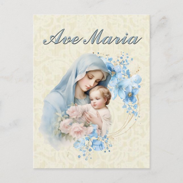 Catholic Virgin Mary Jesus Blue Floral Ave Maria Postcard (Front)