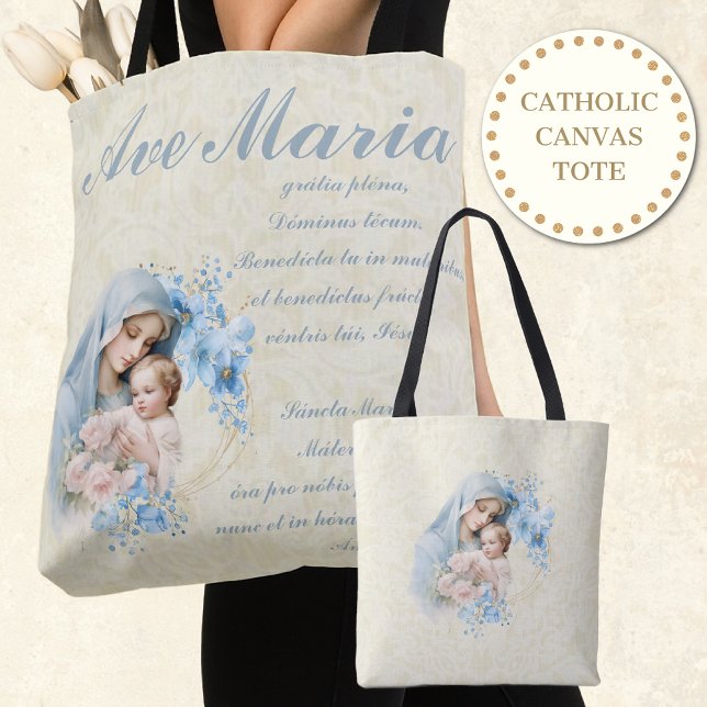 Catholic Virgin Mary Jesus Blue Floral Ave Maria Tote Bag (Creator Uploaded)