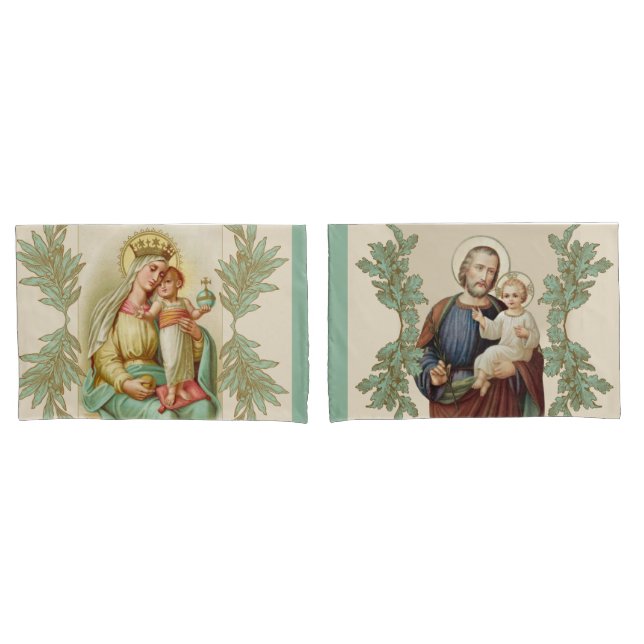 Catholic Virgin Mary Jesus St. Joseph Religious Pillow Case (Front-Set)