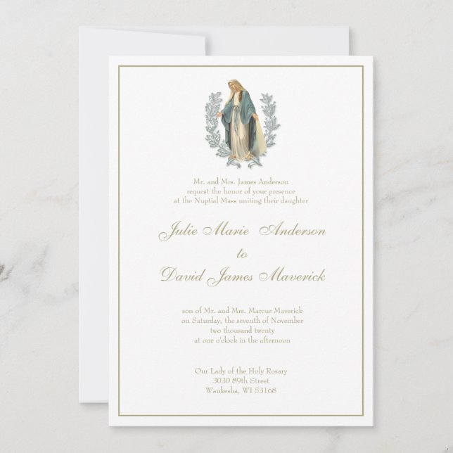 Catholic Virgin Mary Laurel Wedding Invitation (Front)