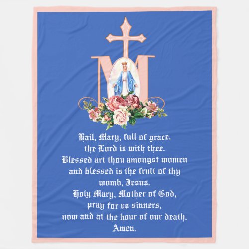 Catholic Virgin Mary Marian Cross Roses Religious Fleece Blanket