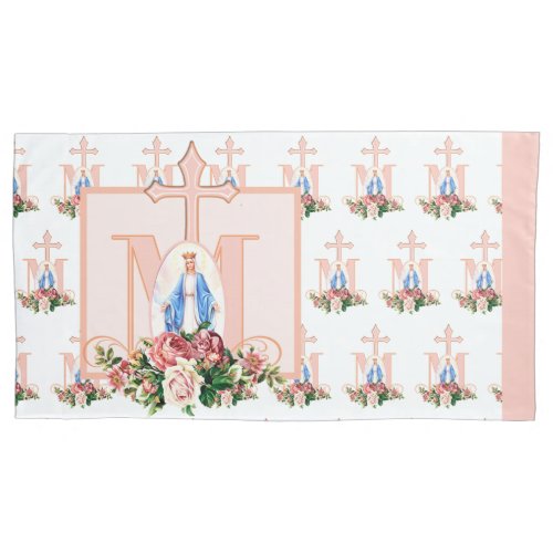 Catholic Virgin Mary Marian Cross Roses Religious Pillow Case