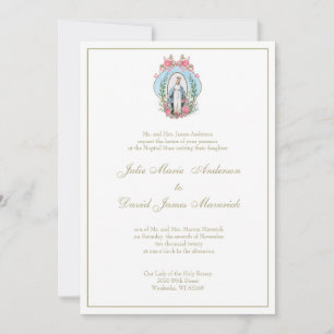 Catholic Virgin Mary Pink Roses Wedding Invitation