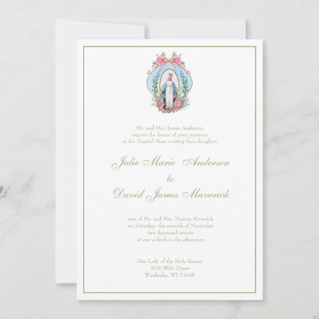 Catholic Virgin Mary Pink Roses Wedding Invitation | Zazzle