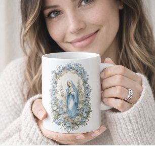 Catholic Virgin Mary Prayer Blues Floral Coffee Mug