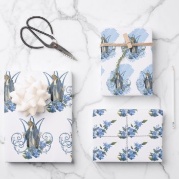 Catholic Virgin Mary Religious Blue Floral  Wrapping Paper Sheets by ShowerOfRoses at Zazzle