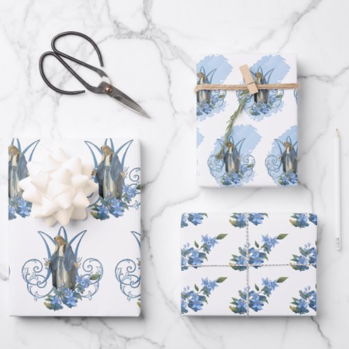 Catholic Virgin Mary Religious Blue Floral  Wrapping Paper Sheets