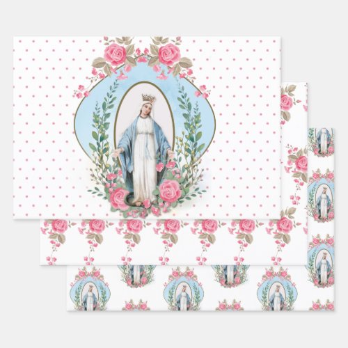 Catholic Virgin Mary Religious  Floral  Wrapping P Wrapping Paper Sheets