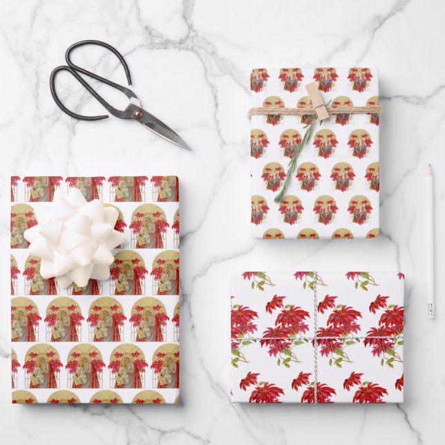 Catholic Virgin Mary Religious Jesus Poinsettia  Wrapping Paper Sheets (Front)