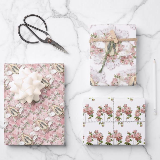 Catholic Virgin Mary Religious  Pink Roses Wrappin Wrapping Paper Sheets (Front)