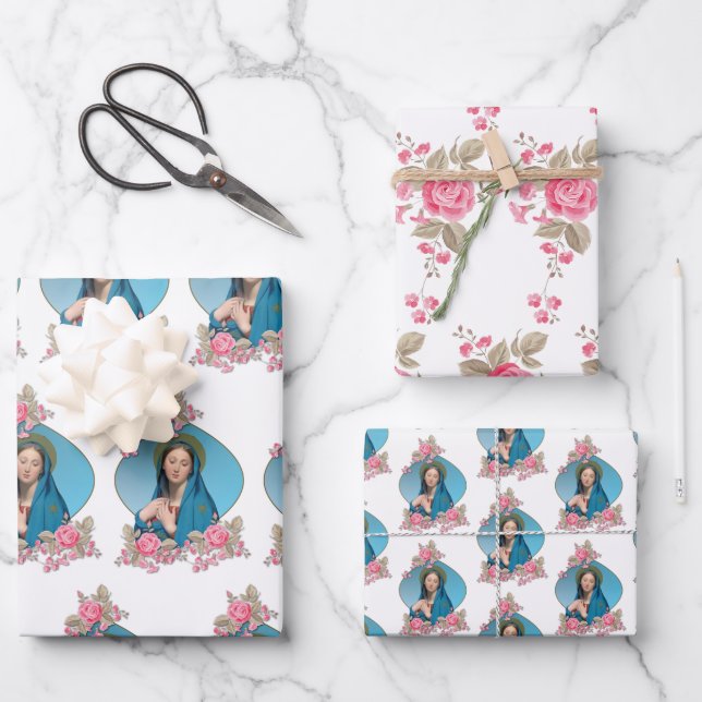 Catholic Virgin Mary Religious  Pink Roses Wrapping Paper Sheets (Front)