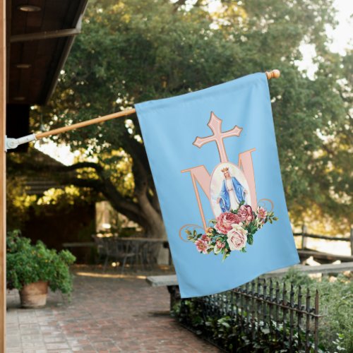 Catholic Virgin Mary Roses Marian Cross House Flag