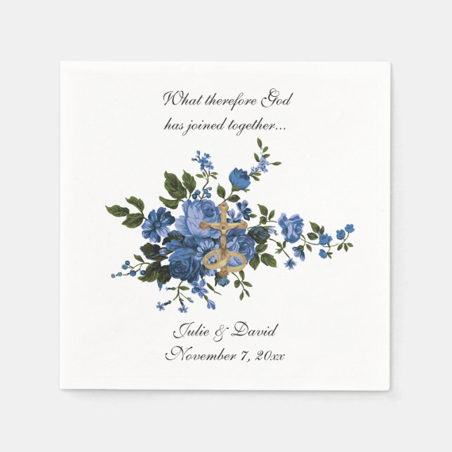Catholic Wedding Blue Flowers Gold Cross Elegant Napkins (Front)