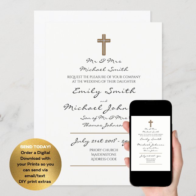 Catholic Wedding Classic White Handwritten Elegant Invitation
