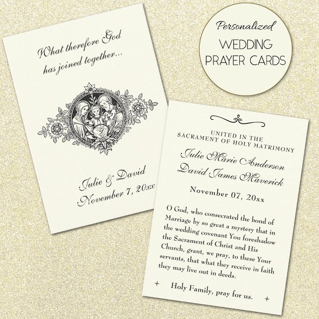 Catholic Wedding Favor Holy Family Remembrance Business Card (Personalized Catholic Wedding Prayer Cards with line art image of the Holy Family)
