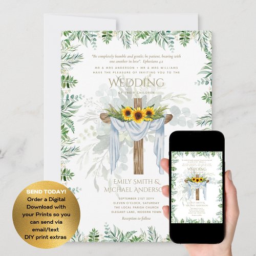 CATHOLIC Wedding Invitation Sunflowers Cross
