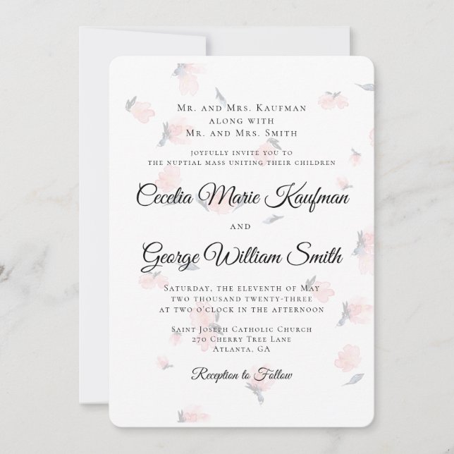 Catholic Wedding Invitation Watercolor Flowers (Front)