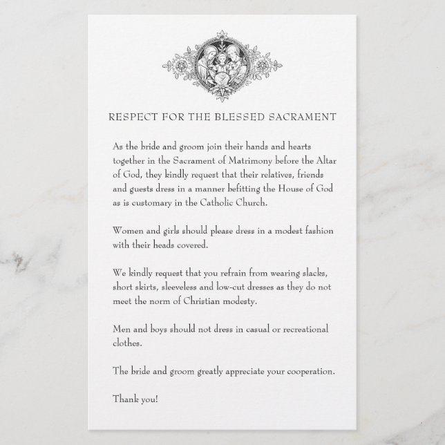 Catholic Wedding Modest Church Attire for Guests Stationery (Front)