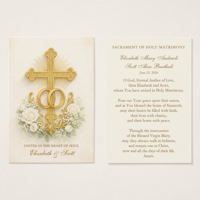 Catholic Wedding Prayer Card  Gold Cross (Front & Back)