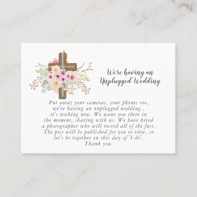 Catholic Wedding UNPLUGGED request - Floral Cross Business Card (Front)