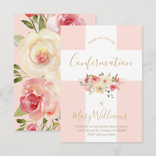 Catholic white cross and flowers Confirmation Invitation (Front/Back)