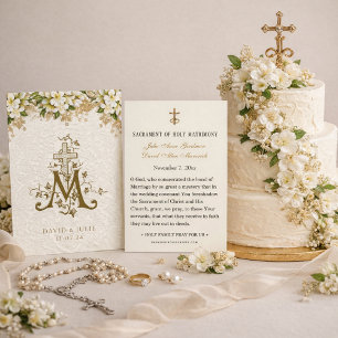 Catholic White Floral Gold Wedding Holy Card