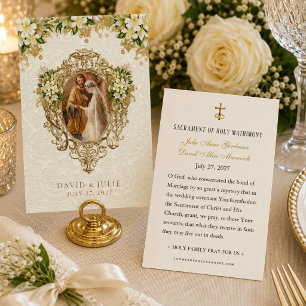 Catholic White Floral Gold Wedding Holy Card