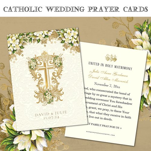 Catholic White Floral Gold Wedding Holy Card