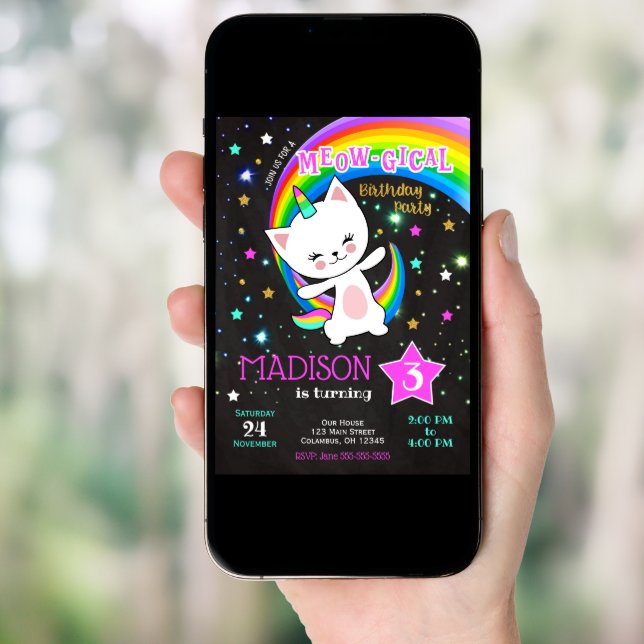 Caticorn Birthday Invitation, Cat Rainbow Invitation (Front Digital)