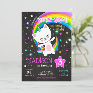 Caticorn Birthday Invitation, Cat Rainbow Invitation
