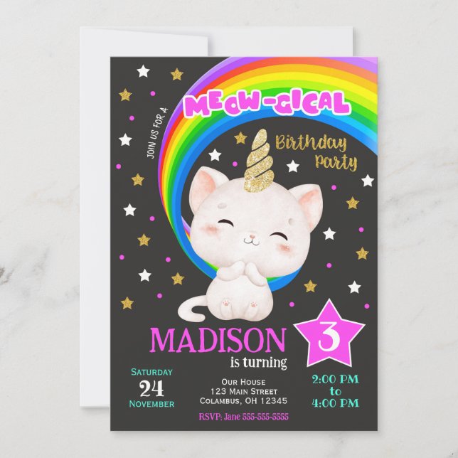 Caticorn Birthday Invitation, Cat Rainbow Invitation (Front)