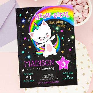 Caticorn Birthday Invitation, Cat Rainbow Invitation