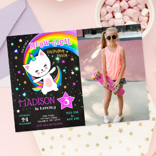 Caticorn Birthday Invitation, Cat Rainbow Photo Invitation