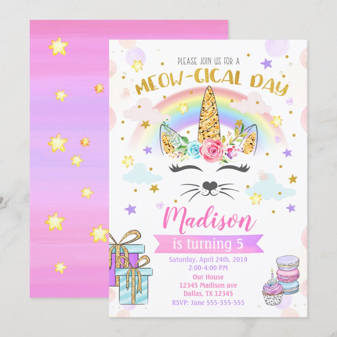 Caticorn Birthday Invitation, Magical Unicorn Cat Invitation | Zazzle