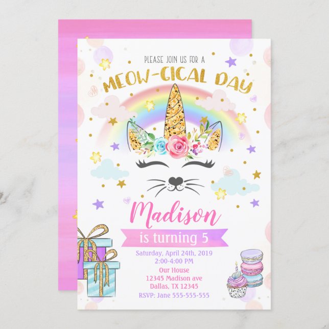 Caticorn Birthday Invitation, Magical Unicorn Cat Invitation (Front/Back)