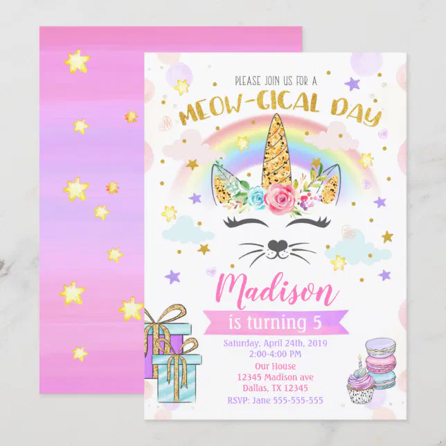 Caticorn Birthday Invitation, Magical Unicorn Cat Invitation | Zazzle