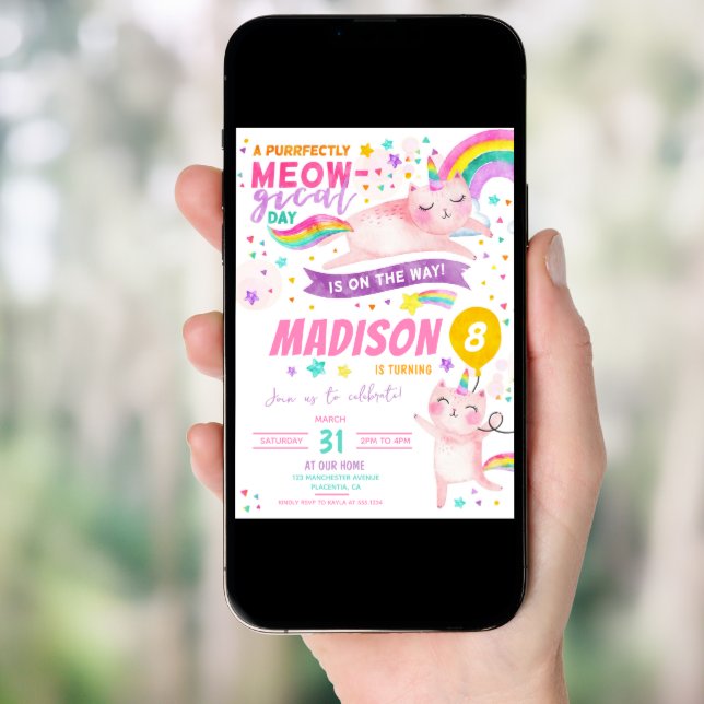 Caticorn Birthday Party Cat unicorn rainbow Invitation (Front Digital)