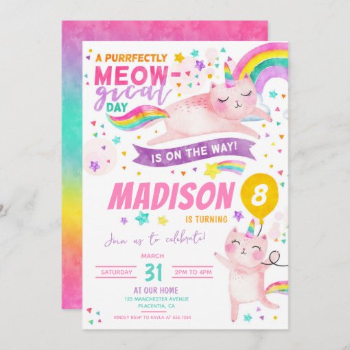 Caticorn Birthday Party Cat unicorn rainbow Invitation | Zazzle